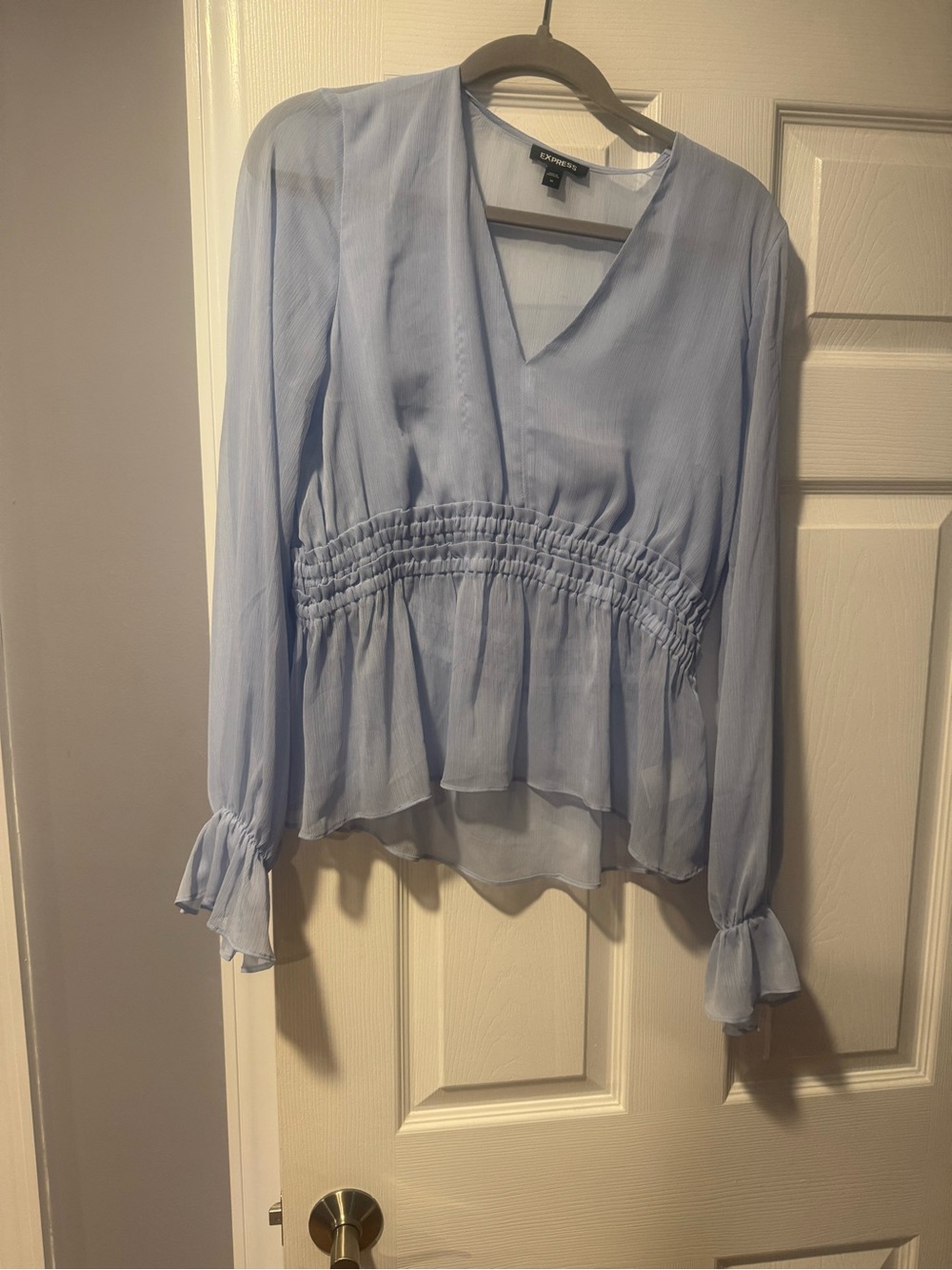 Express Light Blue Smocked-Waist V-Neck Peplum Blouse